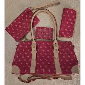Vtg Dooney & Bourke Berry Pink Domed Satchel Bag Purse w/Accessories Pebble Lthr
